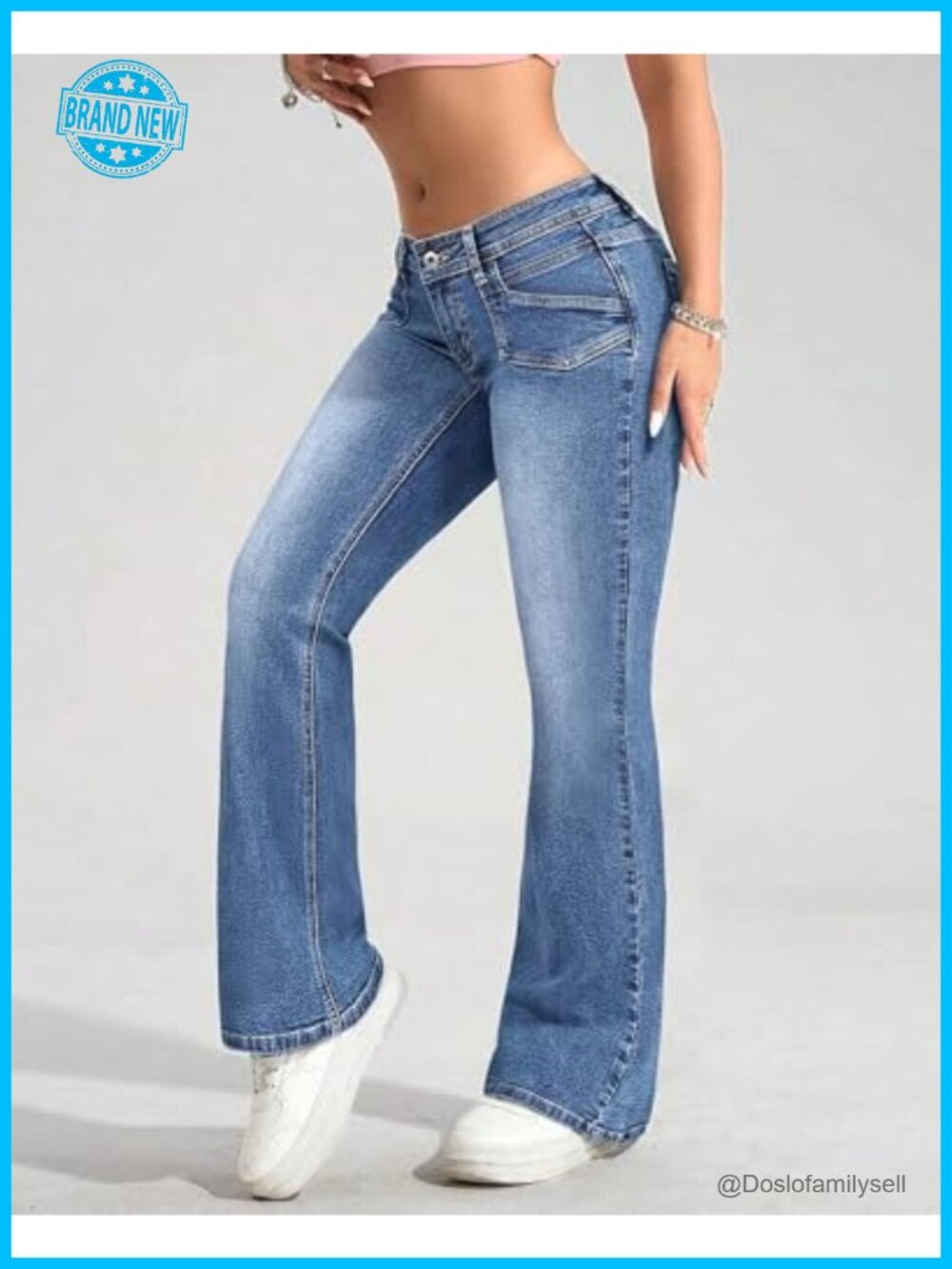 Womens Low Waisted Flare Jeans Stretch Denim Bell Bottom - Picture 2 of 6